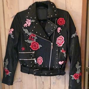 BELLE VERE EMBELLISHED STUDDED MOTO LEATHER JACKET